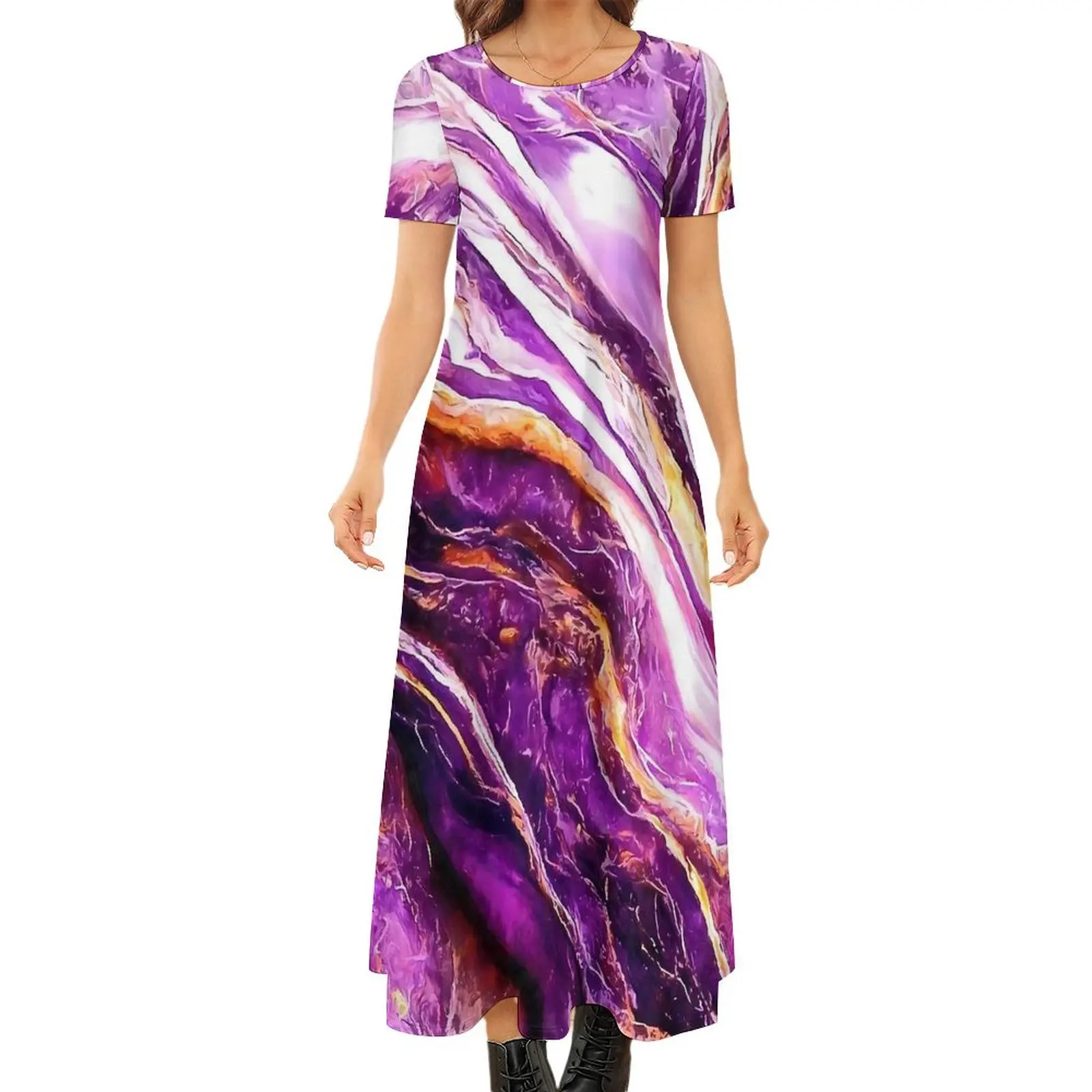 Purple And Gold Marble Print Dress  Aesthetic Bohemia Long Dresses Female Elegant Maxi Dress Big Size 6XL 7XL