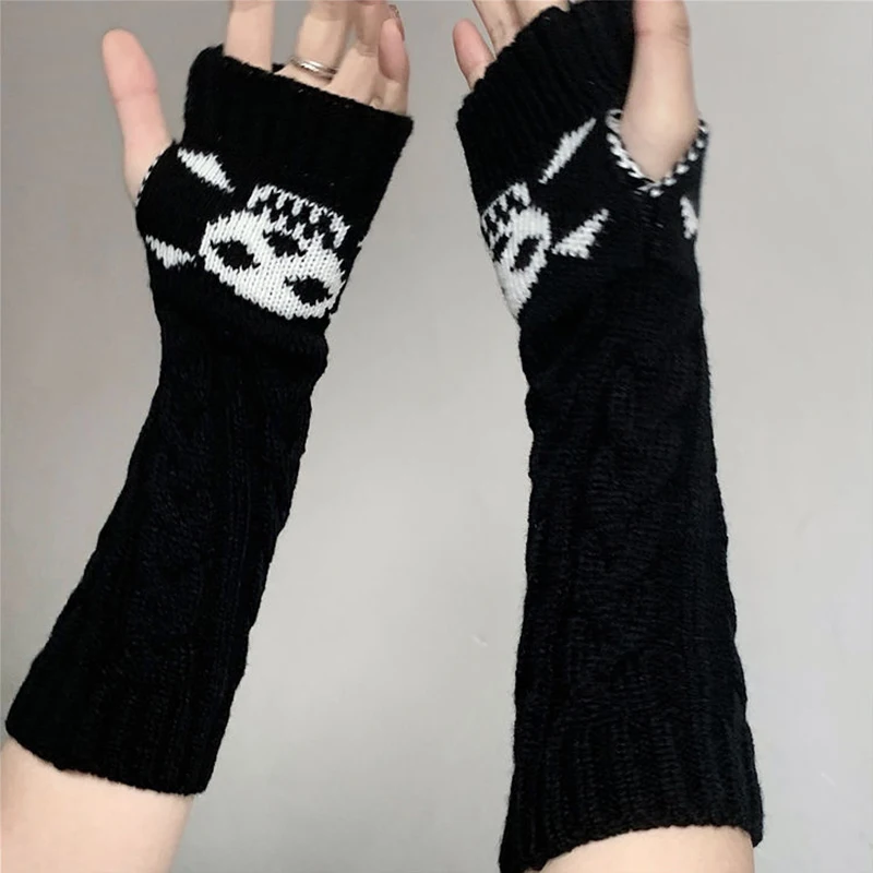 Winter Gloves Women Gothic Knitted Skull Gloves Men Stretch Dark Ninja Cool Elbow Length Arm Warmer Hipster Black Long Mittens