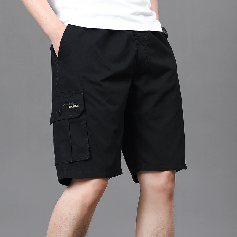 Summer Men\'s Pockets Button Letter Embroidery Elastic High Waisted Casual Knee Pants Cargo Straight Streetwear Vintage Shorts