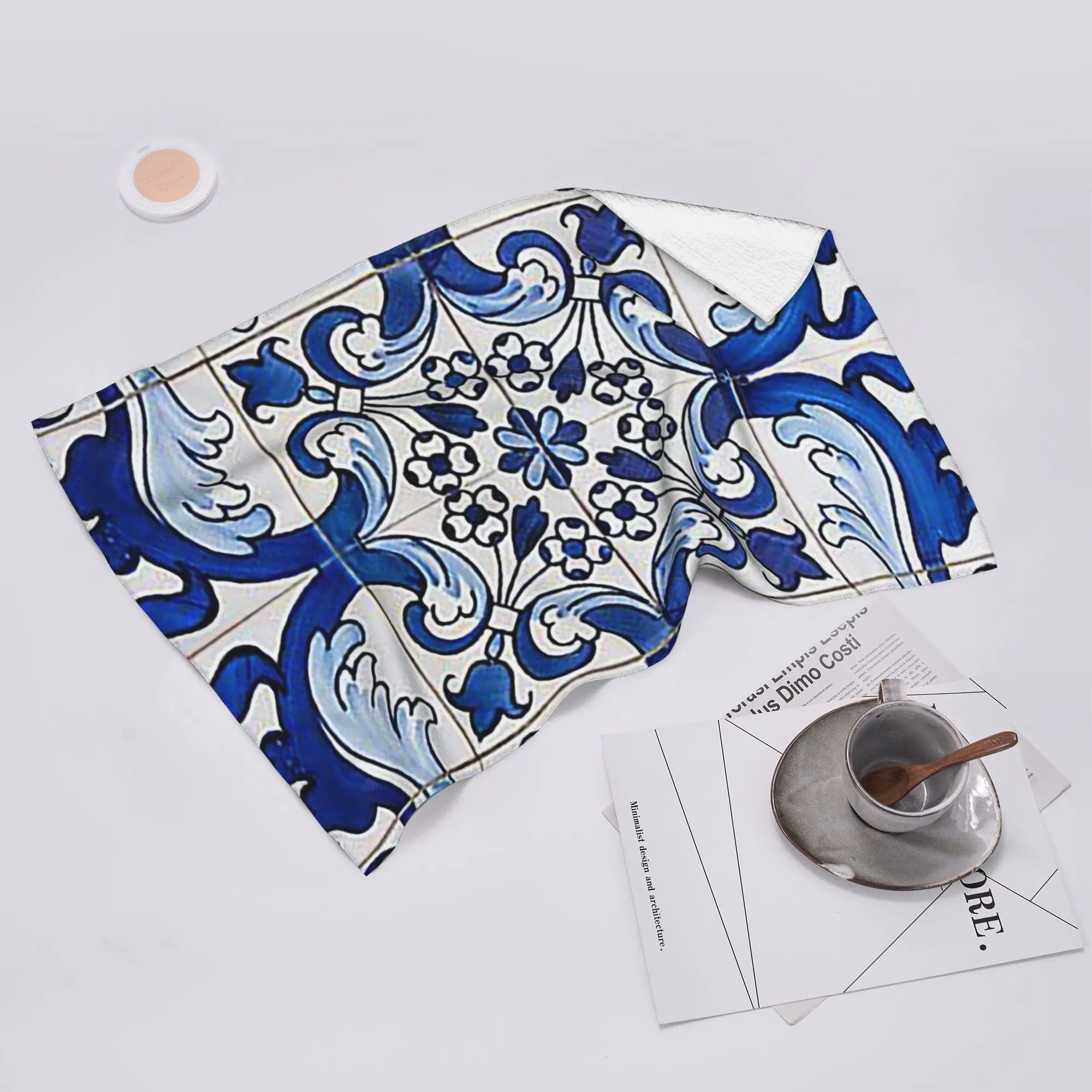 Custom Antique Classic Lisbon Blue Azulejo Tile Floral Soft Face Towel Quick Dry Pool Bath Cotton Towels Absorbent