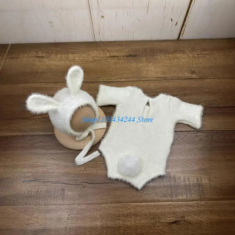 Warm Knitted Romper and Rabbits Ear Hat Costume Set for Baby Photography Newborn Photo Clothing Photoshooting Jumpsuit