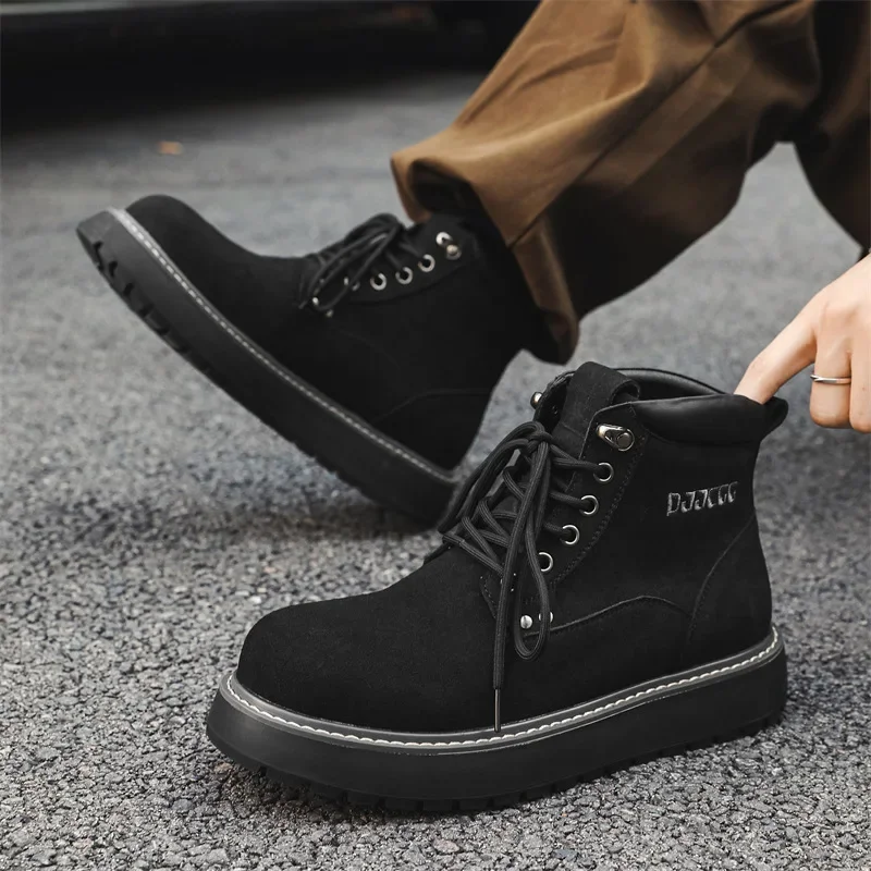 

Trendy Black Mens Ankle Boots High Top Lace-up Platform Casual Shoes for Man Comfortable Suede Work and Safety Shoes Men Zapatos