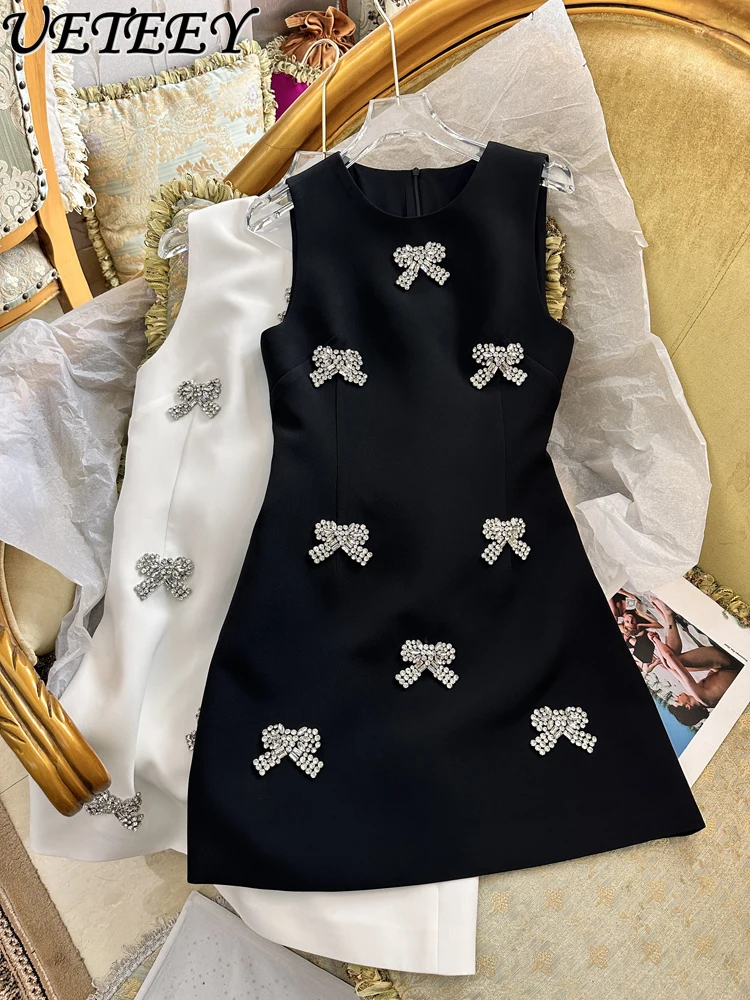 

2024 Summer New Sleeveless White Dress for Women High Quality Embroidery Rhinestone Bow Simple Advanced Slim-Fit Commute Dresses