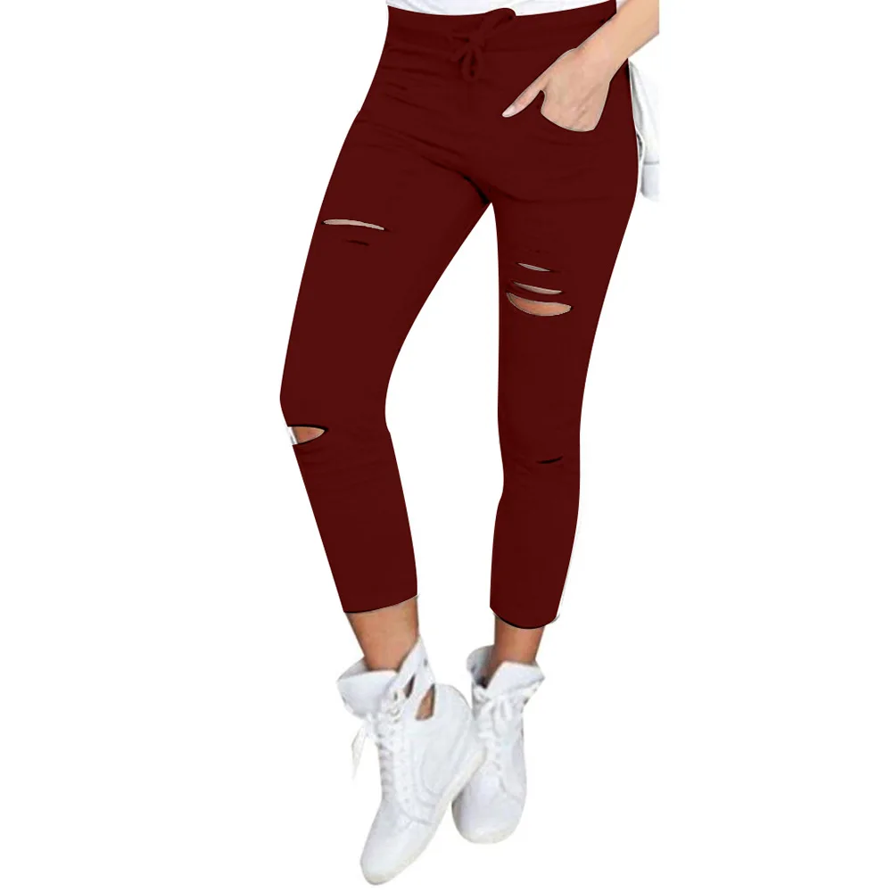 Zagros Women High Waisted Hollow Out Pencil Pants, Stretchy Slim Skinny Broken Hole Streetwear Trousers