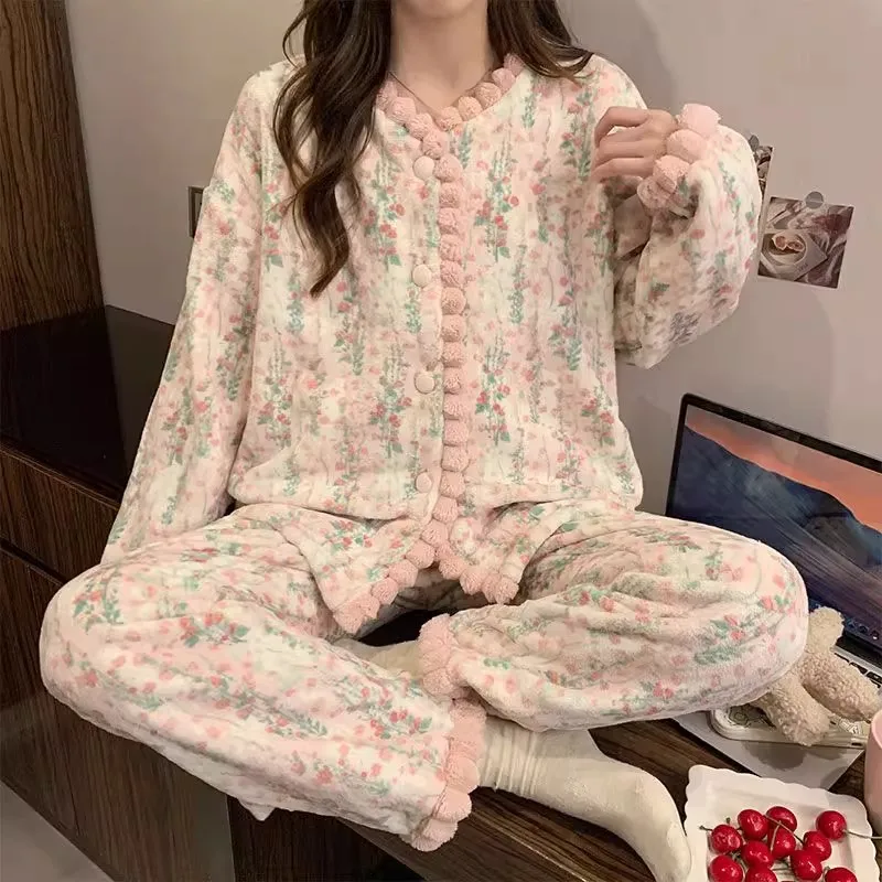 

Осень и зима, новые пижамы в сельском стиле для женщин из плотного флиса и небольшой ароматный фланелевой комплект домашнего интерьера, новый стиль