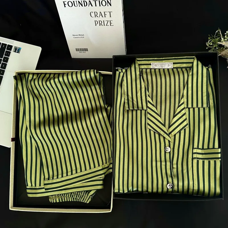 Pijamas Mujer Fashion New Striped Short Sleeve Shorts Set Silk Satin Summer Home Suit Casual Nightwear Sleep Women's Pajamas