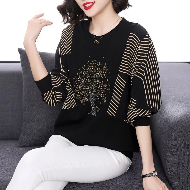 Mode Losse Diamanten Spliced Truien T-shirt Lente Koreaanse Alle-Wedstrijd Lange Mouwen Effen Gedrukt Tops Vrouwen Kleding