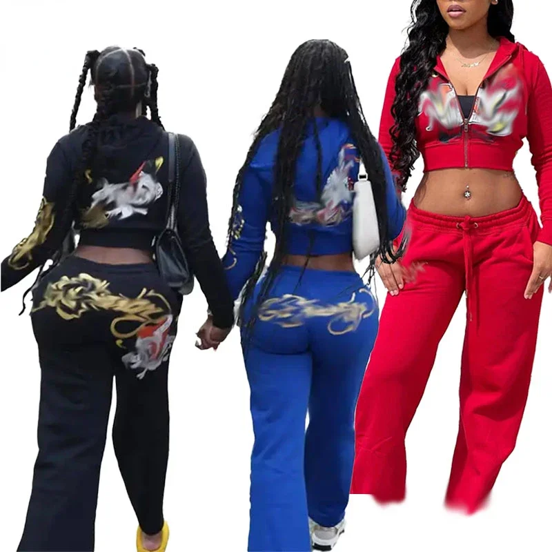 Casual Sporty Women Tracksuit 2 Piece Set Zip Hooded Crop Tops+Leggings Graphic Matching Streetwear Suit