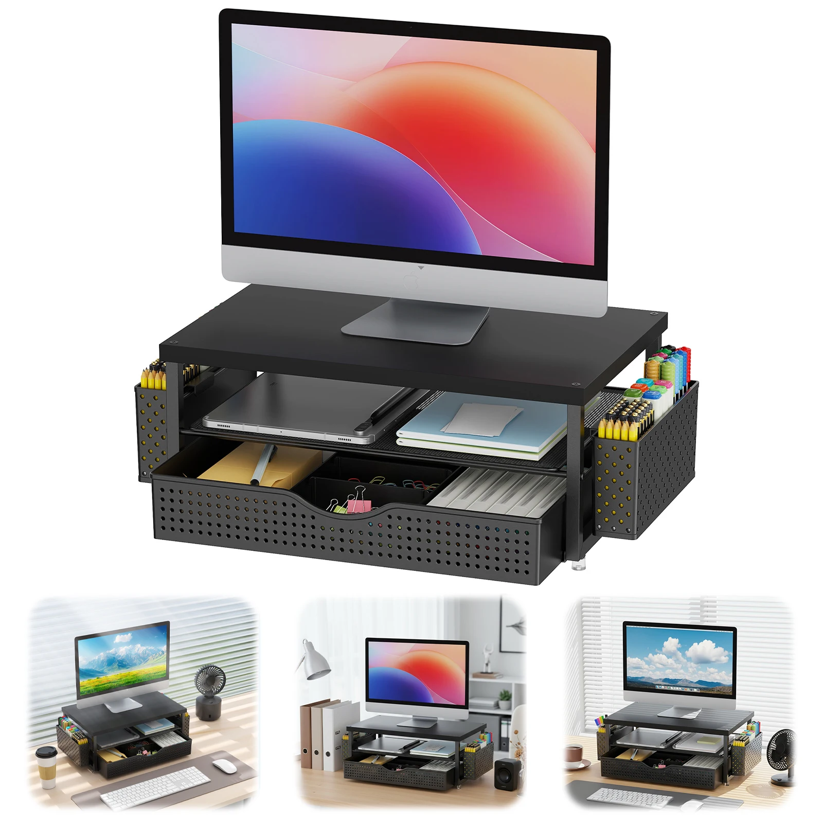 2-Tier Computer Monitor Stand Riser with Drawer and 2 Pen Holders Computer Stand Office Organizer Office Desk Accessories