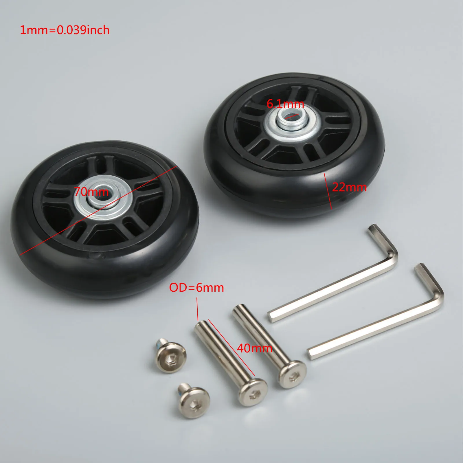 2 Sets 70x22mm Travel Luggage Wheels Casters Suitcase Replacement Wheels Axles Wrench Rubber Swivel Caster Wheel Bearing Repair