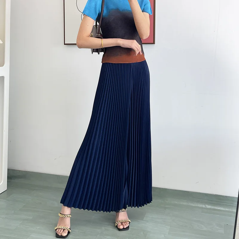 

Wide Leg Pants For Women 2023 High Waist Elastic Loose Miyake Pleated Solid Colour Draped Pantskirt Culottes Divided Skirt