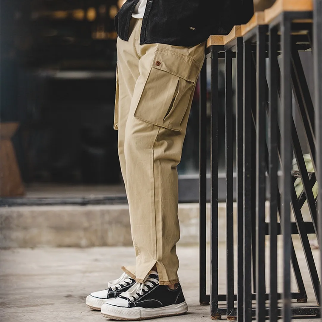 Maden Pantaloni cargo vintage kaki da uomo a vita media a gamba dritta Pantaloni casual Pantaloni multitasche per la primavera e l'autunno