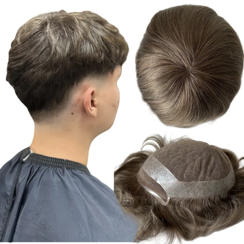 

Индийские девственные человеческие волосы # 7 светло-коричневых цвета, 32 мм, волнистый голливудский блок, 8x10, переднее кружево с париком из искусственной кожи для белых мужчин