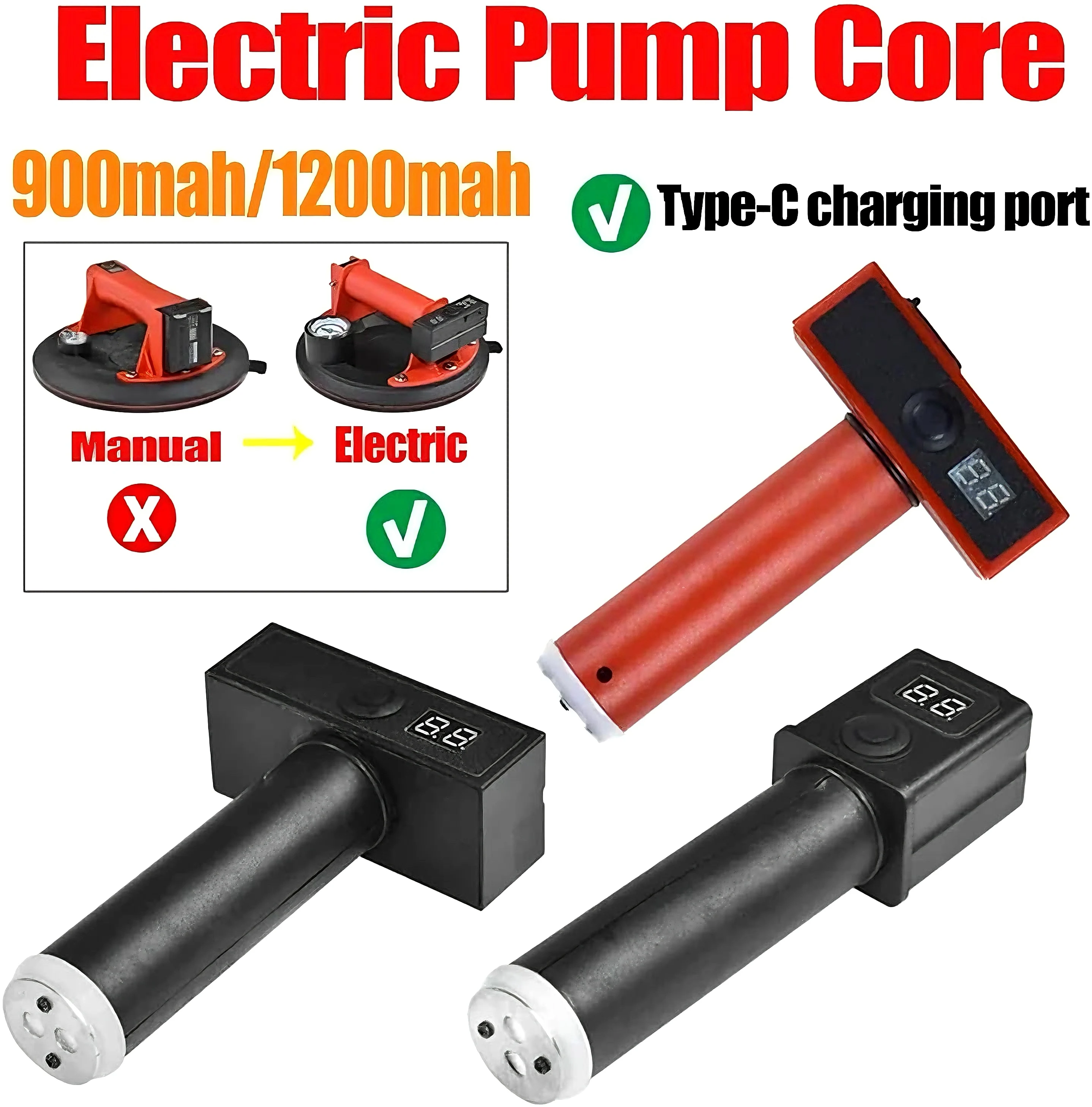 

T-Shaped Electric Vacuum Suction Cup Pump-900mAh/1200mAh Auto Pressure Compensation for Granite, Stone, Marble Slabs