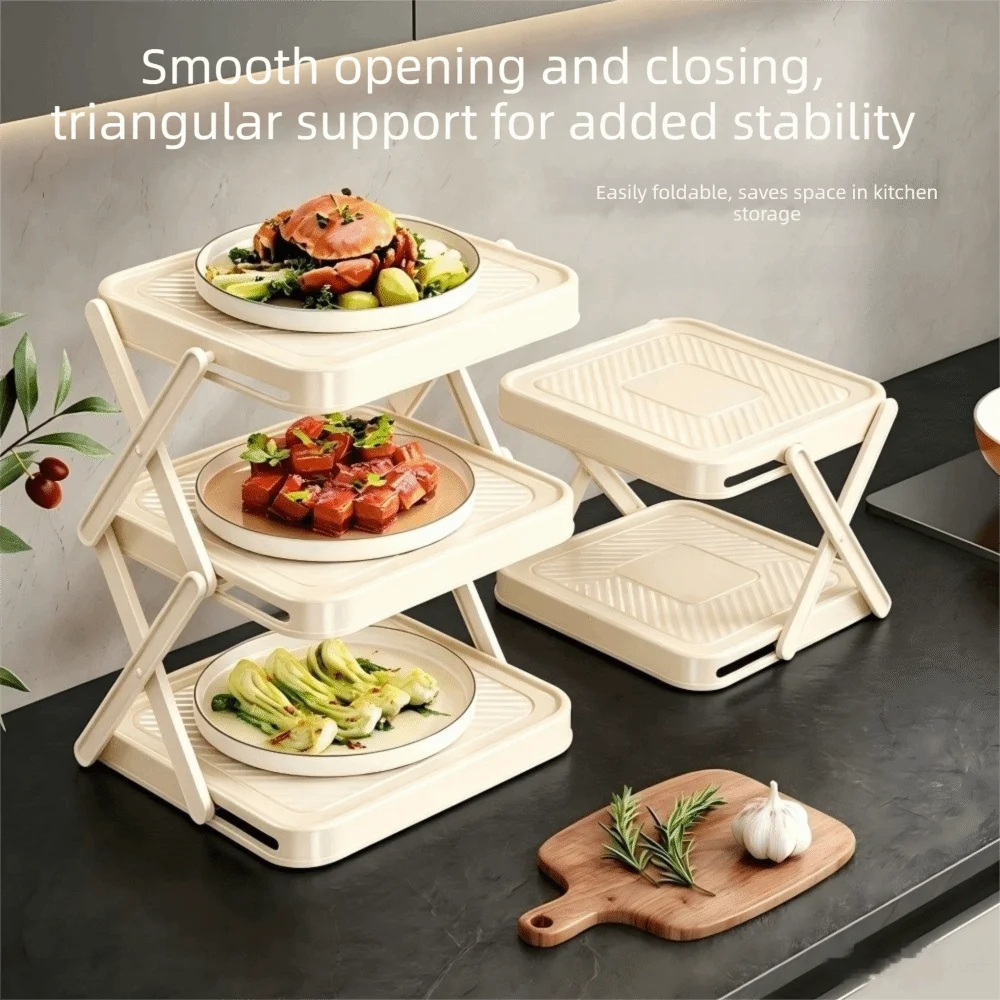 3/4-Tier Prepare Dish Storage Rack Space-Saving Collapsible Food Preparation Holder Large Capacity Plastic Folding Prep Tray