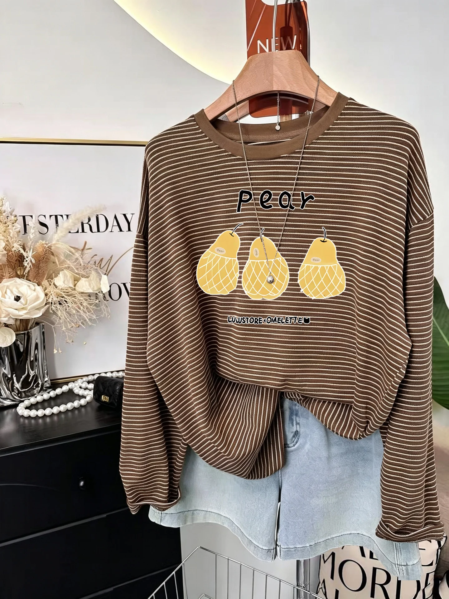 Retro American Green Stripes Long Sleeve Women's T-shirt Draped Lazy Korean Style Print round Neck Spring Autumn Base Shirt