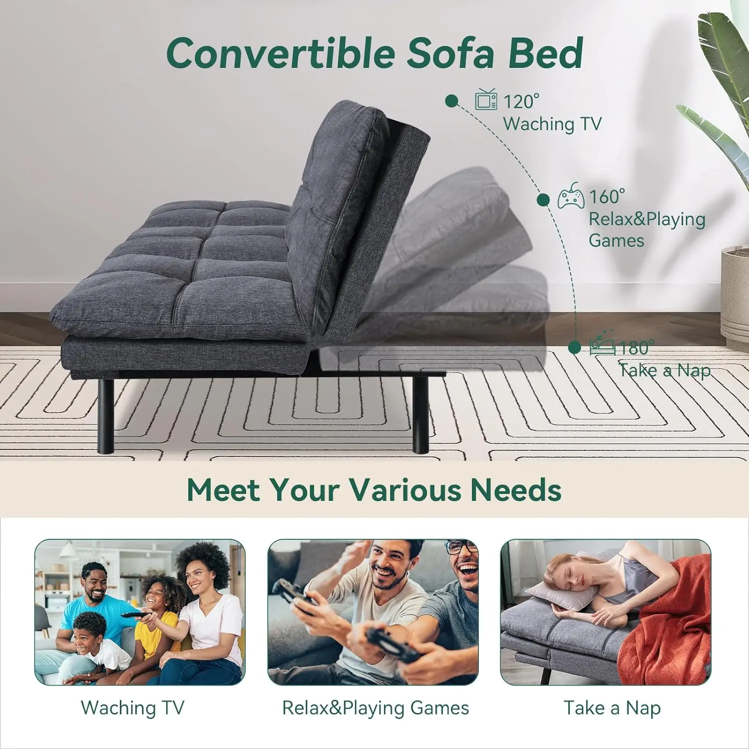 Hcore-conversível memória espuma Futon sofá-cama, Sleeper Couch