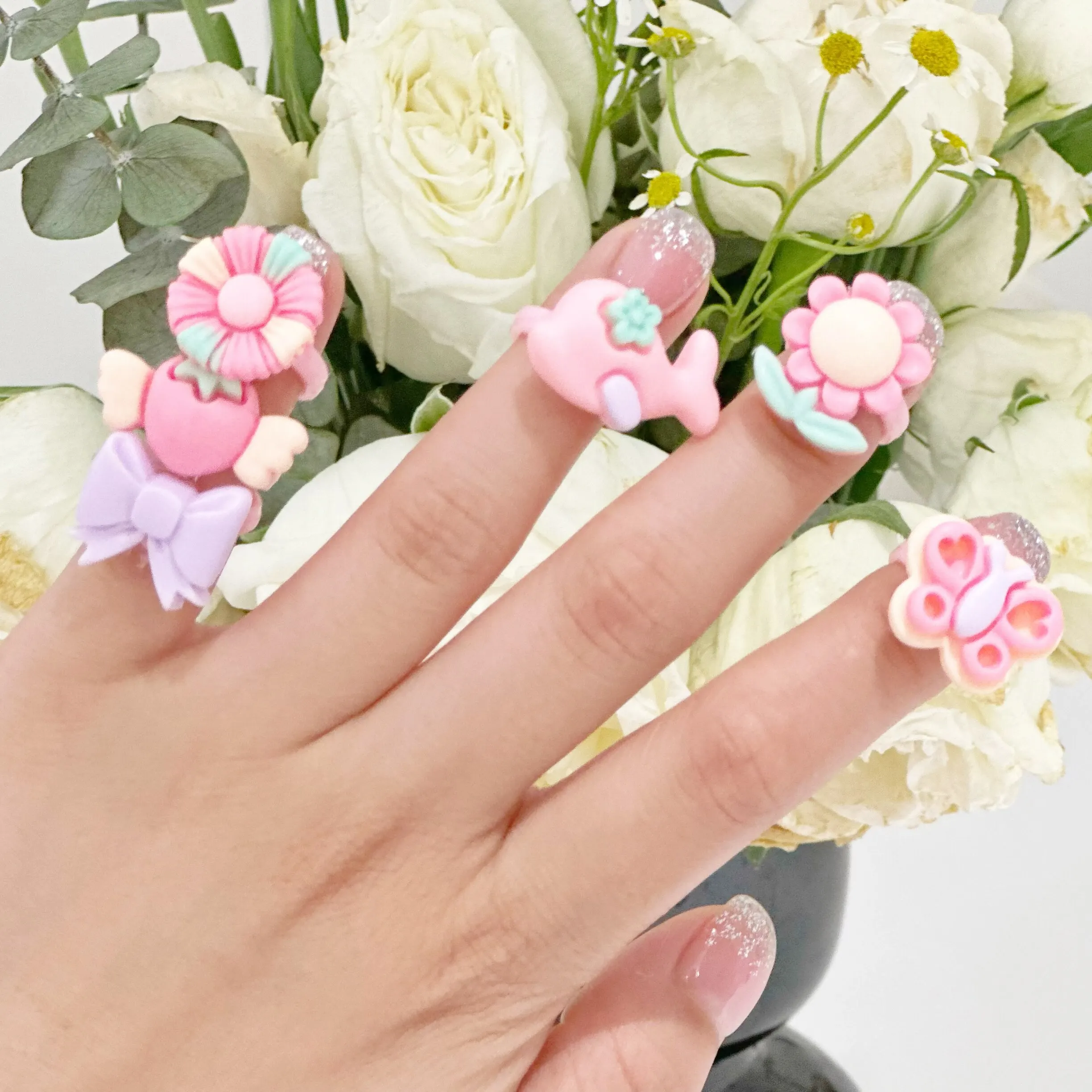 36Pcs Kids Cute Rings Resin Cartoon Jewelry Flower Shape Adjustable Ring Set Creative Accessories Girl Gifts