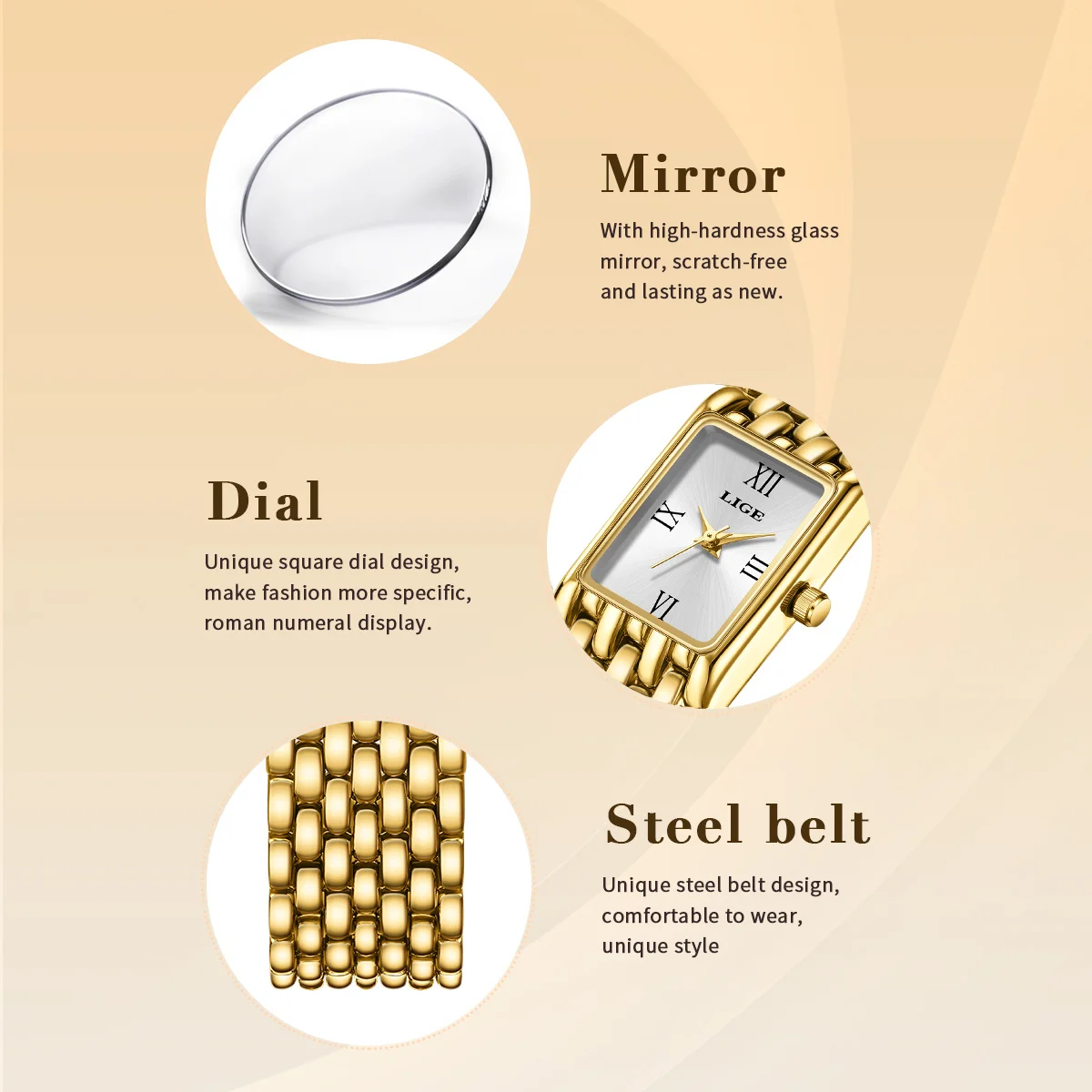 LIGE, nuevos relojes elegantes para mujer, relojes de pulsera de cuarzo cuadrados pequeños, reloj de lujo de acero inoxidable dorado para mujer, relojes de regalo de moda