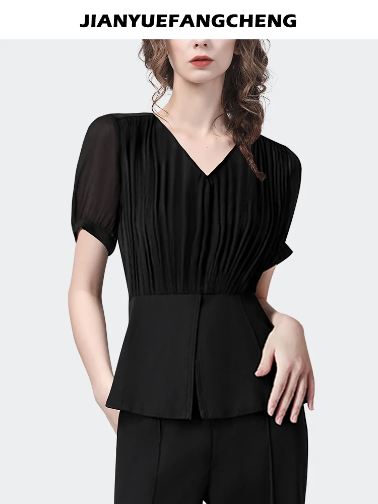 Fashion Pleates Decorated Black Short Sleeve Chiffon Blouse Women Summer Tops Elegant Slim V-neck Chich Waist Casual Shirts