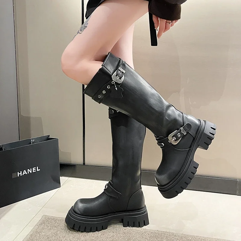 Brand Desinger Women Mid Calf Boots Chunky Platform Punk Motorcycle Long Booties Goth Street Cool Shoes For Women