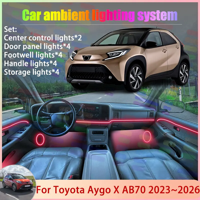 

Для Toyota Aygo X AB70 2023 ~ 2026 KGB70 UK 2024 2/18 в 1, автомобильная атмосферная лампа, RGB абажур, ансамбль, стример, атмосферный набор