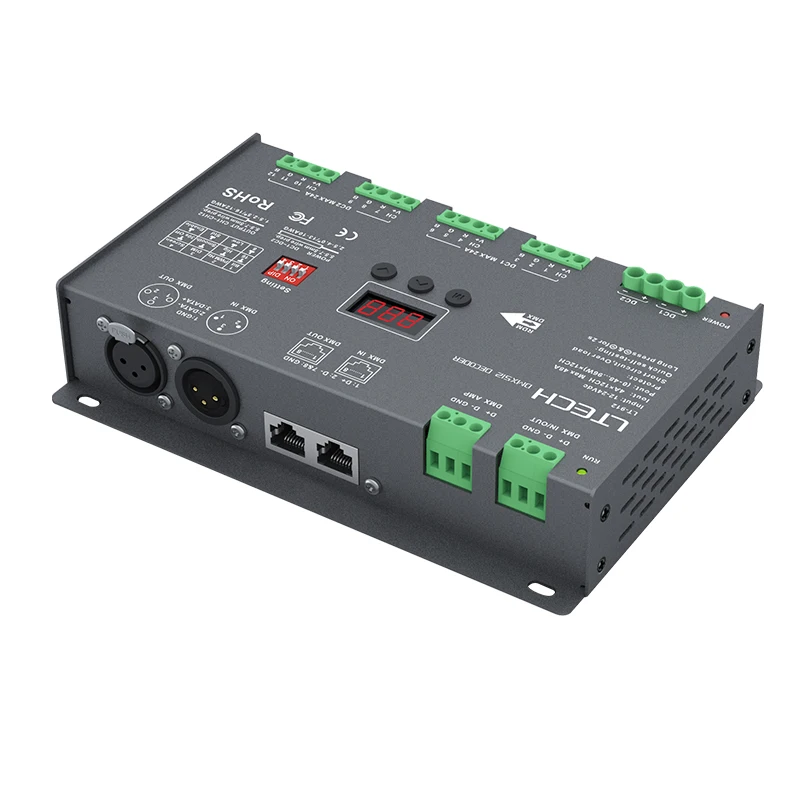 Dekoder LTECH DMX/RDM CV DC12-24V 4A/CH 12-kanałowy 48A(12CH) 16-kanałowy 3A/CH 3-pinowy XLR,RJ45, zielony Terminal, 5-stykowy dla Oded