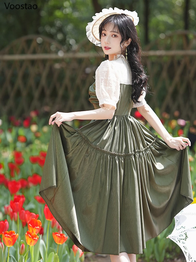 Summer Vintage Victorian Princess Dress Women French Sweet Lolita Style Puff Sleeve Party Dresses Female Elegant Green Vestidos