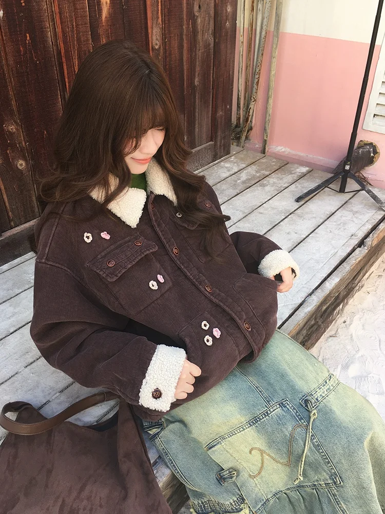 

VOUSALME Vintage Corduroy Collar Cotton Jaet Women's Casual Lamb Fur Loose Warm Cotton Coat Outerwear Thiened Long Sve