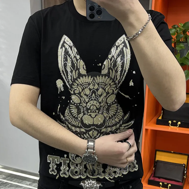 Summer Rabbit Pattern Hot Drill T-Shirt Social Club Outfits T Shirt Men Short Sleeve Streetwear Tee Shirt Homme Diamond Tshirt