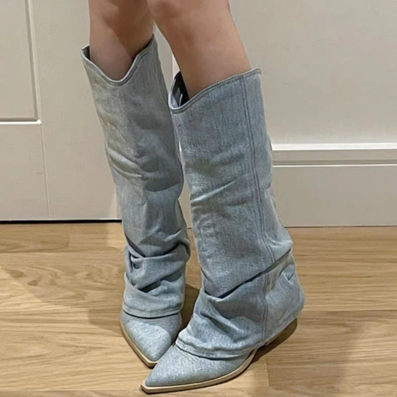 Vintage Pleated Denim Knee-High Boots Women 2023 Autumn Slip-On Pointed Toe Long Boots Woman Thick Heeled Western Cowboy Booties