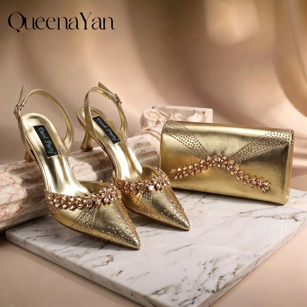 Women Elegant Party Shoes & Bag Set, 2026 Italian Inspired Hand Crafted Upper Gold Rhinestone Pointed Toe High Heels