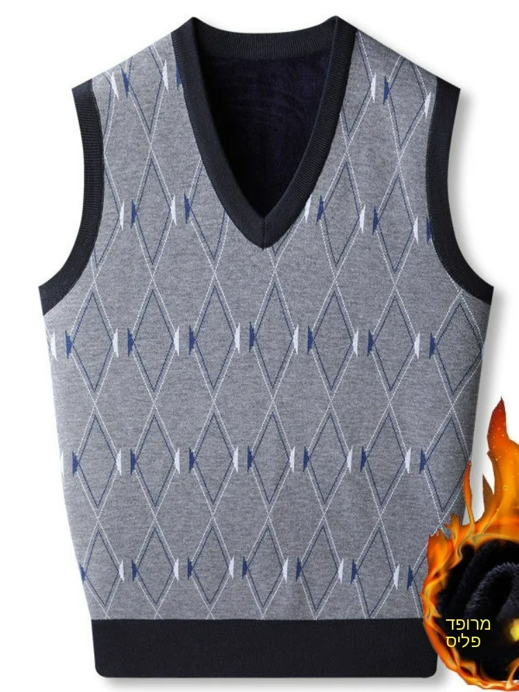 

Thickened Fleece Men's Knitted Vest V-Neck Sleeveless Winter Warm Top Dad Style Fashion Middle-Aged Men's Clothing