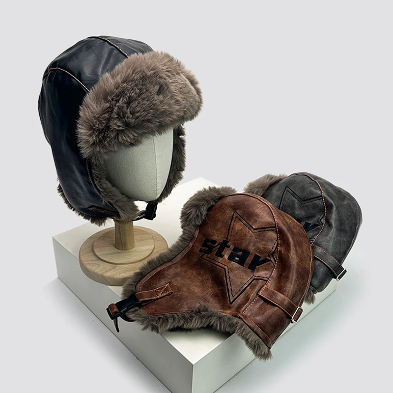 

Autumn and Winter Unisex Retro Leather Star Bomber Hats Warm Ear protection Versatile Pilot Hats Fashion Outdoor Thickened ins