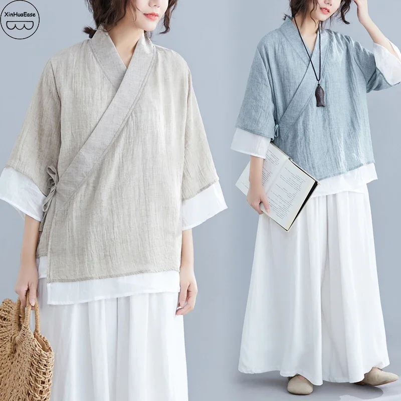 WATER Liziqi Traditional Chinese Costume Tai Chi Uniform Casual Hanfu Tops Trousers Cotton Linen Clothes Retro Breathable