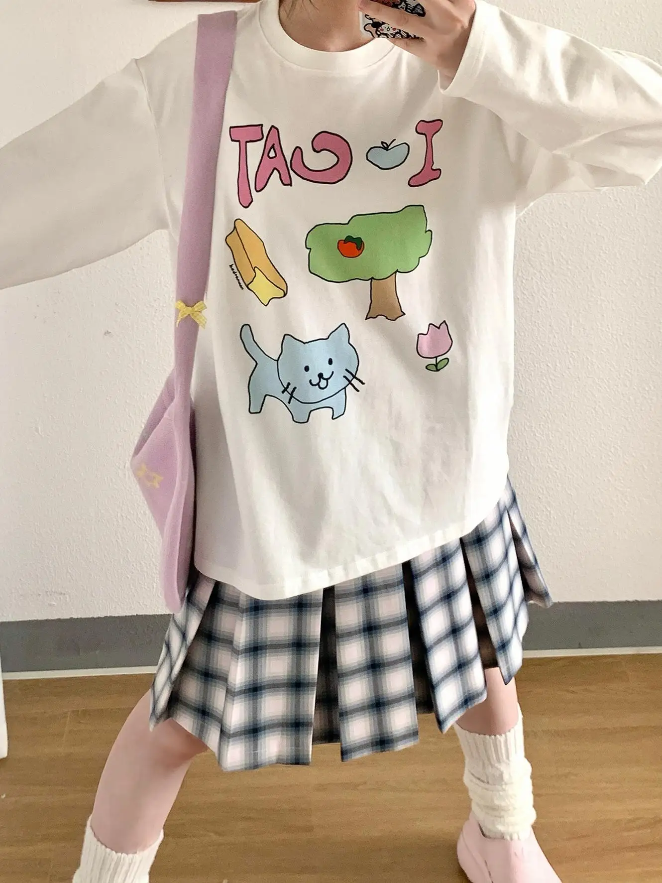 Sakura Maudo Academy Cute Hand-Drawn Fun  round Neck Loose Pure Cotton Long Sleeve T-Shirt Women's Sweet Style Creative Pa...