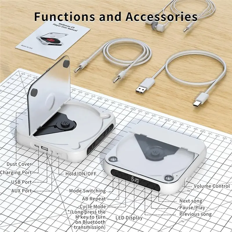 CD Player For Car Hifi Speakers Bluetooth 5.3 With AUX Cable/BT TX/External Portable Design Universal Functionality