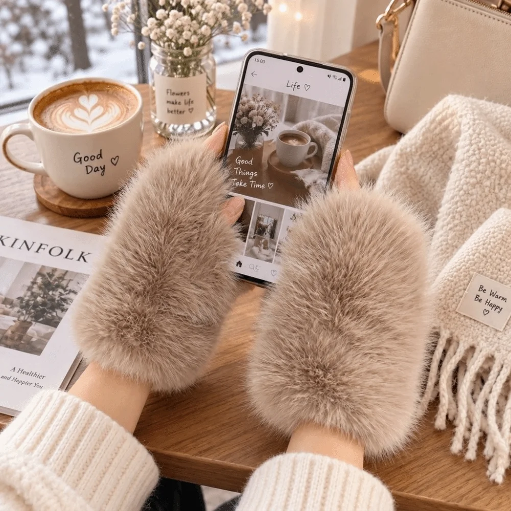 Versatile Thick Fluffy Fingerless Gloves One Size Touch Screen Gloves Warm Winter Gloves Girls