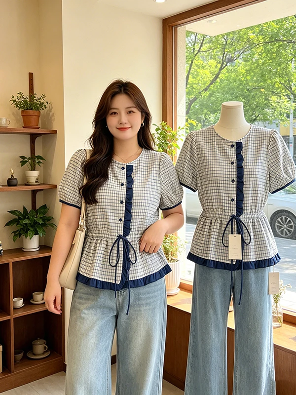 

plus Size Women's Shirt Summer 2026 Plaid Bubble Sleeve Vintage Design Slimming Effect Ageless Top Korean Style Loose Fit
