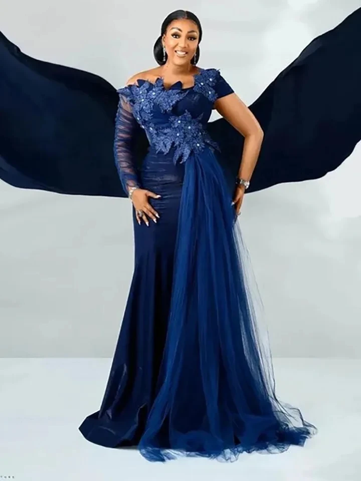 Plus Size Nigerian Navy Blue Prom Dresses Customized Appliques Pleated Tulle African Formal Party Dress Aso Ebi Evening Dress