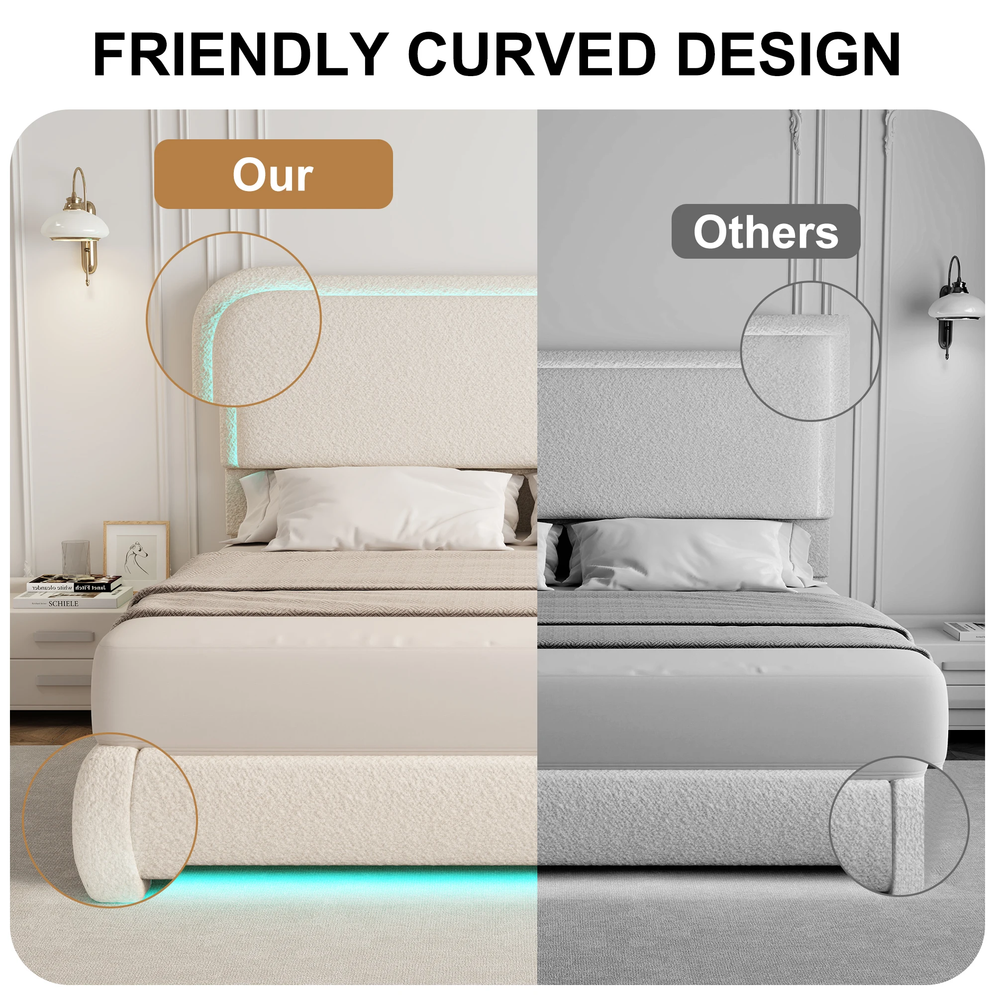 SIBEDS Queen Teddy Fleece Upholstered Bed Frame with LED Lights, Modern Cloud Platform Bed with Curved Headboard & Footboard, Thickened Rounded Corners, No Box Spring Needed, Cream image 3