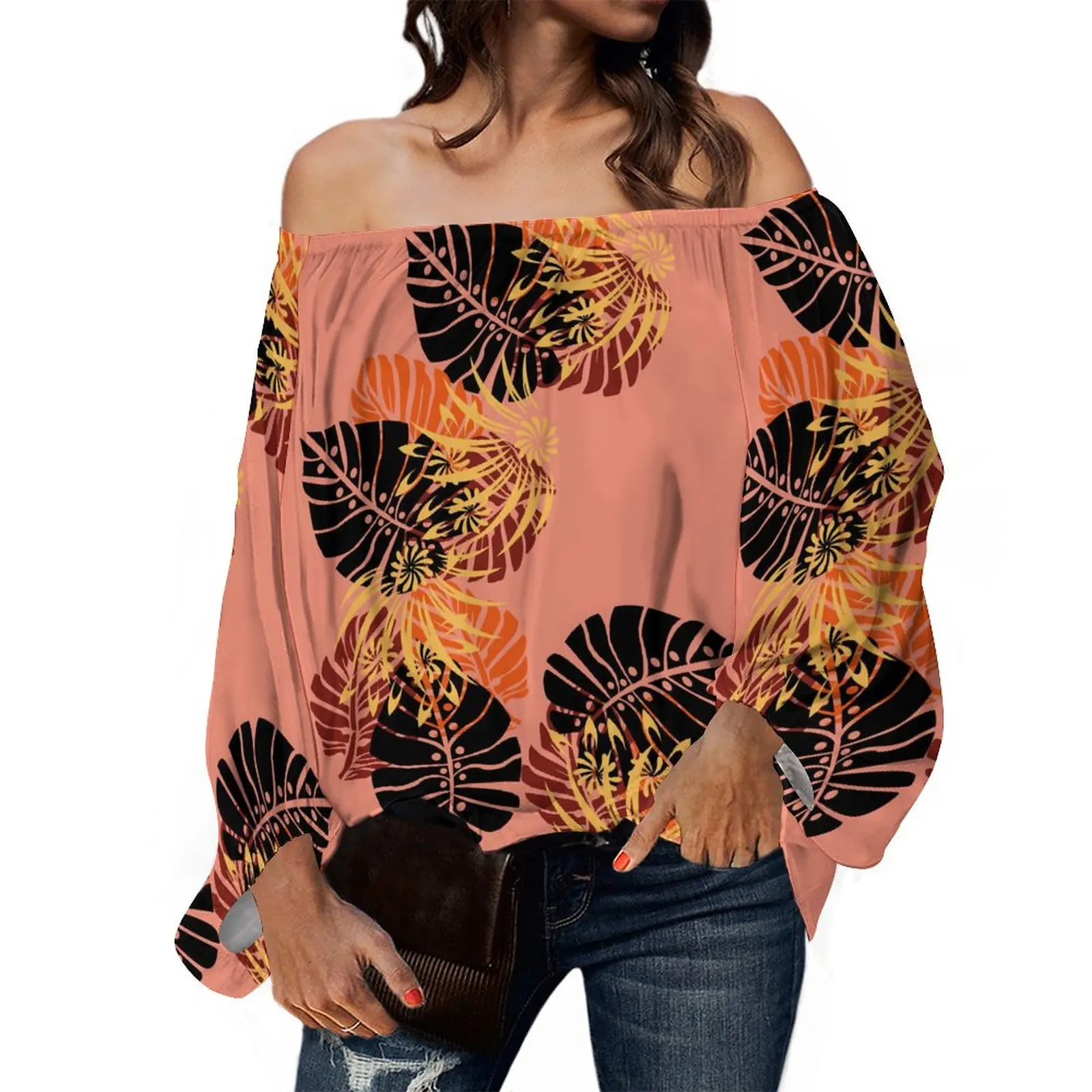 

Custom Floral Print Tribal Ethnic Style Women'S Hawaiian Line Shoulder Top Polynesian Top Summer Lantern Sleeve Design