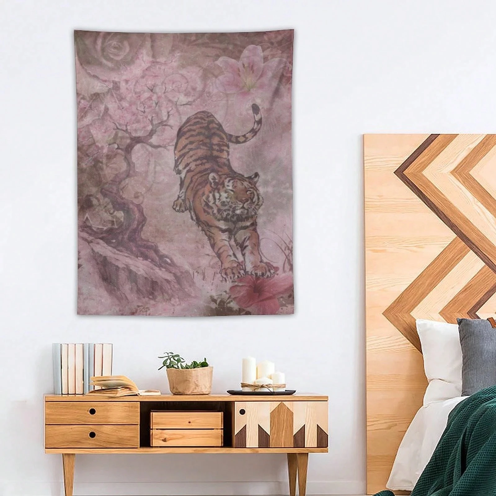 1pc Vintage Pink Tiger Floral Leopard Tapestry, Coquette Cherry Blossom Wall Hangi, Decor for Bedroom Living Room Dorm Home Gift