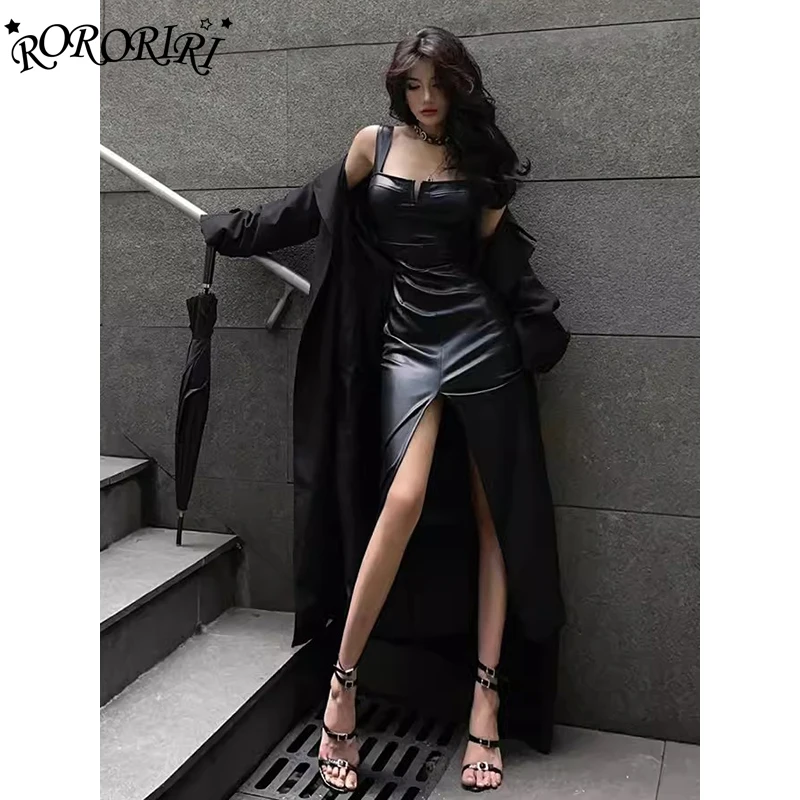 

RORORIRI PU Leather Women Split Long Dress Moto Punk Black Solid V-neck Tank One-piece Sexy Bodycon Vintage Grunge Streetwear