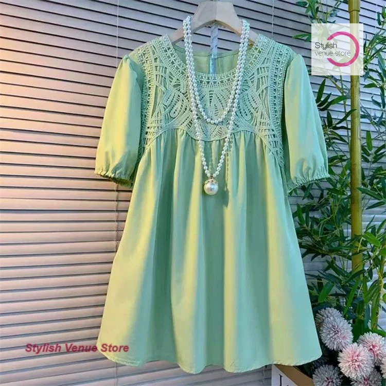 Summer plus size temperament long loose slim stitching lace T shirt French fashion Joker casual round neck chiffon shirt.