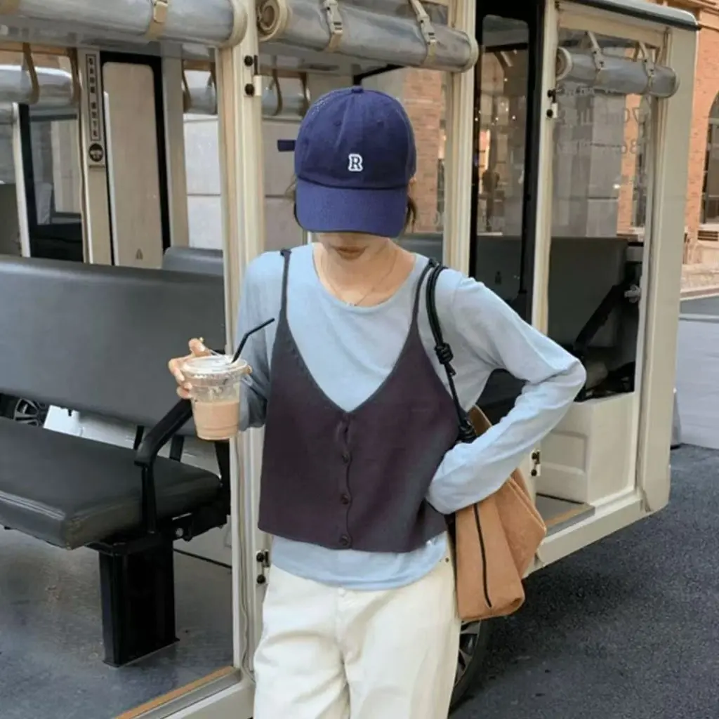 

Korean Style Long Sleeve Knitted Top Women's Fashion Two-Piece Set Strap Splicing Loose Fit Thin Design Autumn Outerwear