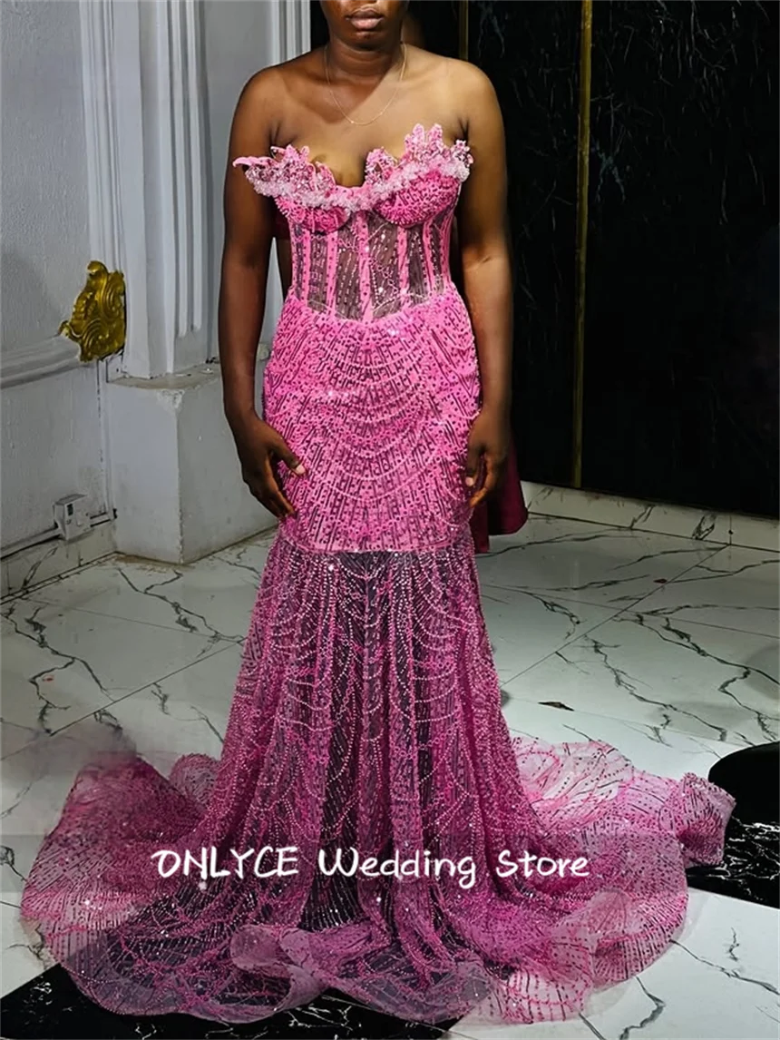 Vestidos de noche Aso Ebi sin tirantes con cuentas rosas, vestidos de fiesta de cóctel africanos, vestido Formal de sirena, فستان و