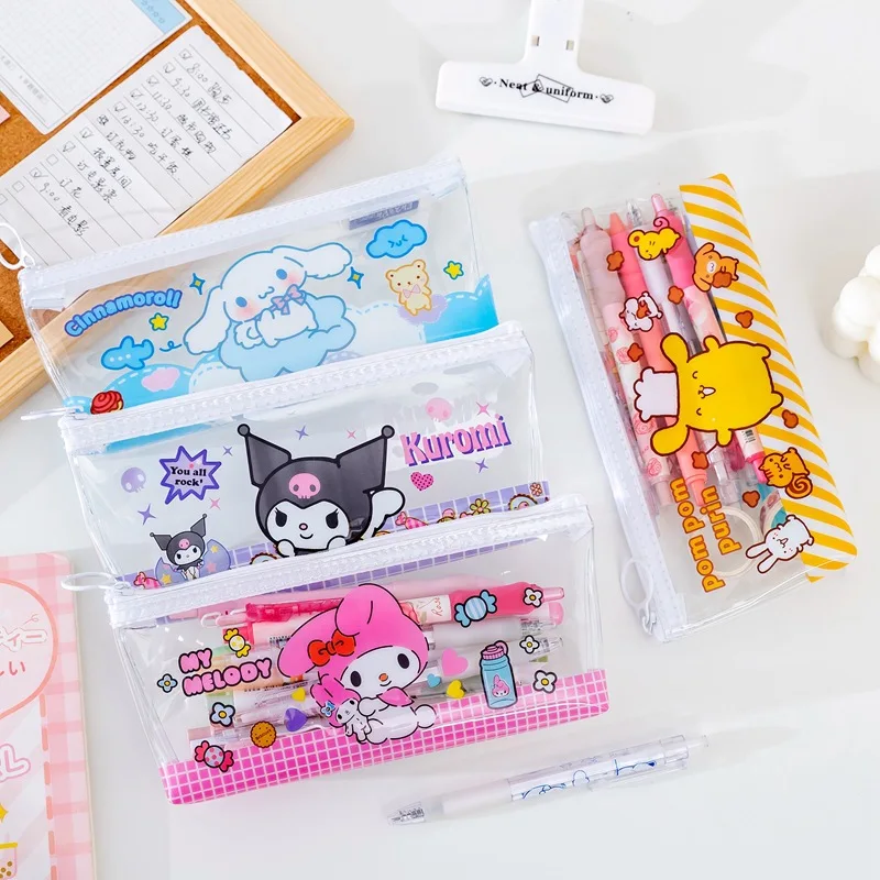 Nowy piórnik Sanrio Kawaii przybory szkolne artykuły papiernicze dla uczniów przezroczysty śliczny Cinnamoroll moja melodia Kuromi torba do