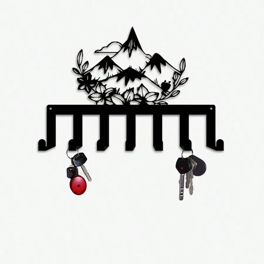 Moderno Porta Llaves de Pared con 7 Ganchos, Decoración Floral y Montañera de Hierro Forjado Negro para Entrada, Ahorro de Espacio, Regalo para el Hogar, Fácil de Instalar