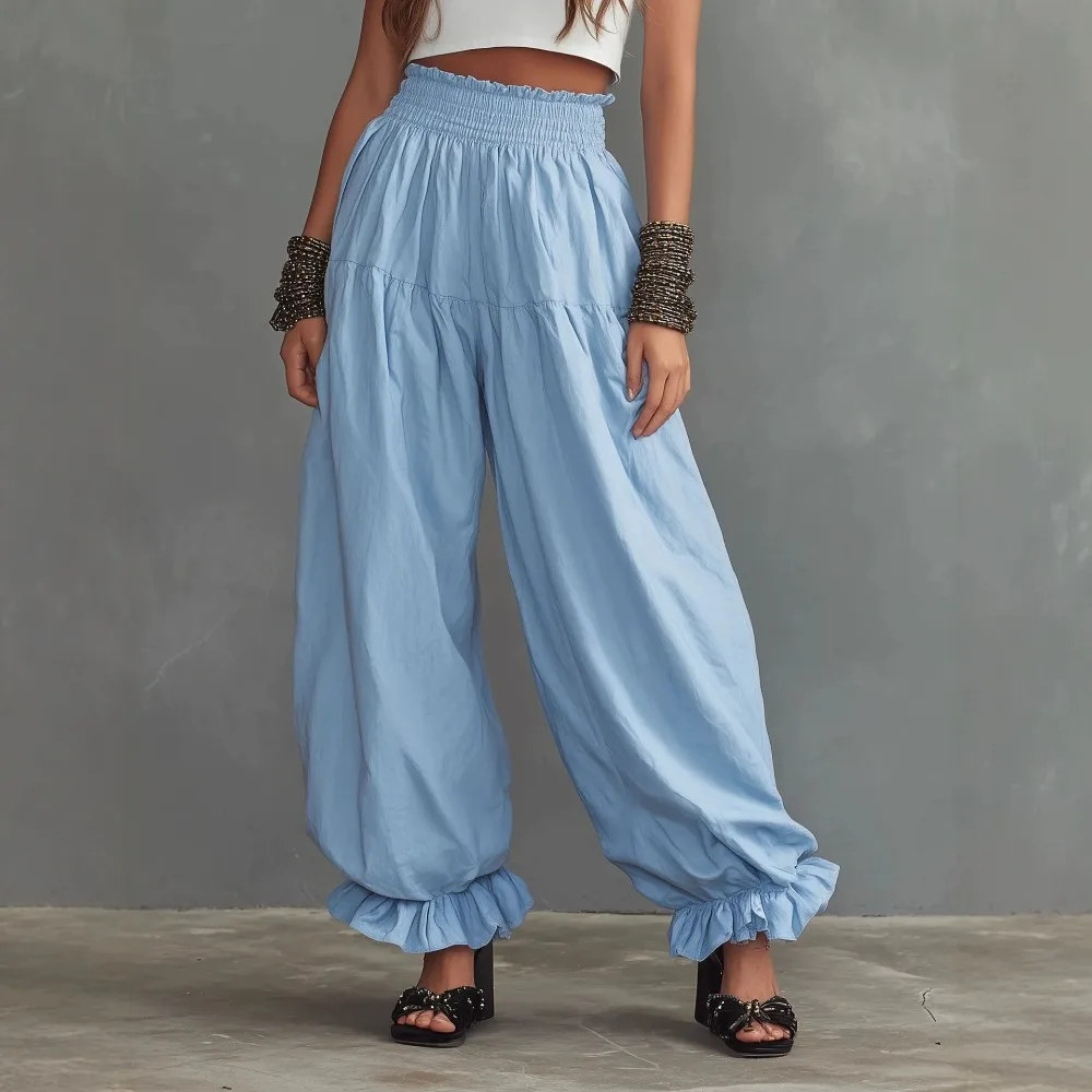 Women's Elastic High Waist Pants Ruffle Hem Wide Leg Pants Loose Baggy Trousers Casual Streetwear Office Holiday Daily Wear